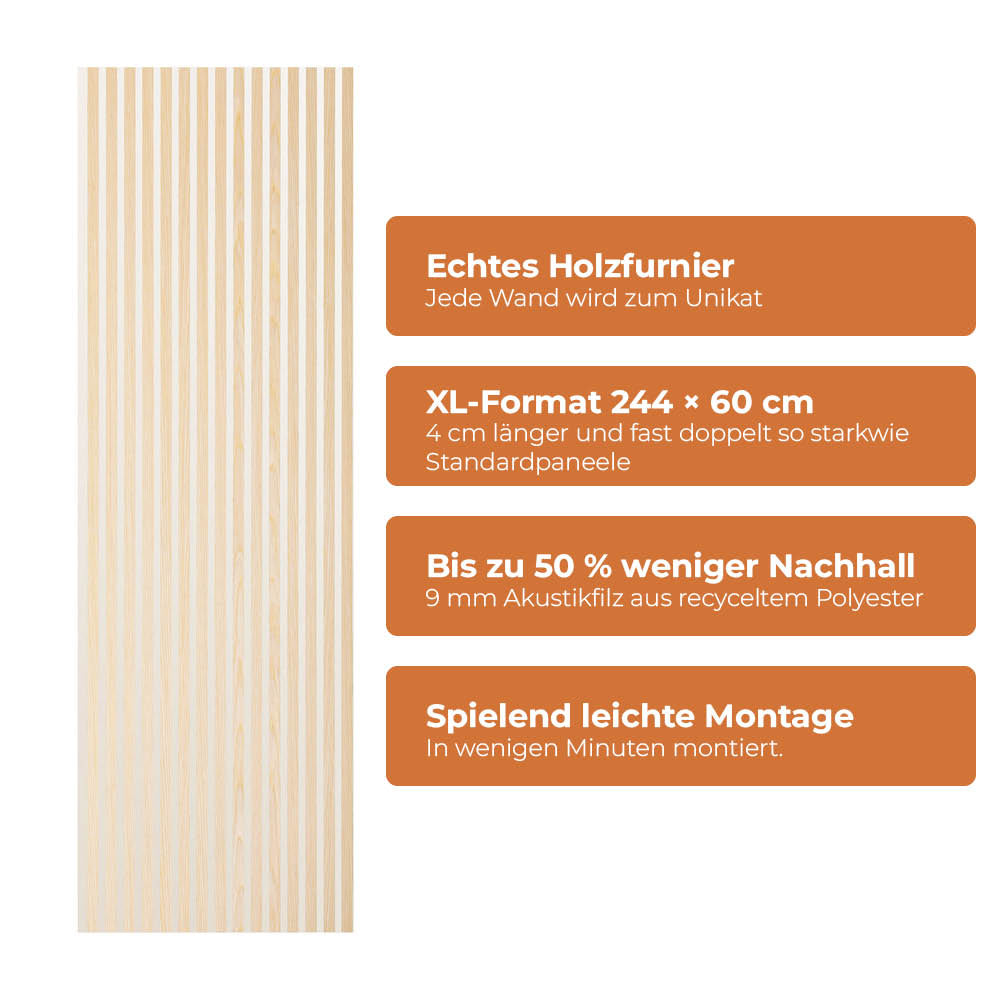 Akustikpaneel Premium Kiefer – Filz Beige 244 × 60 cm