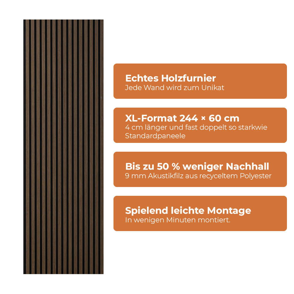 Akustikpaneel Premium Walnuss – Filz Schwarz 244 × 60 cm