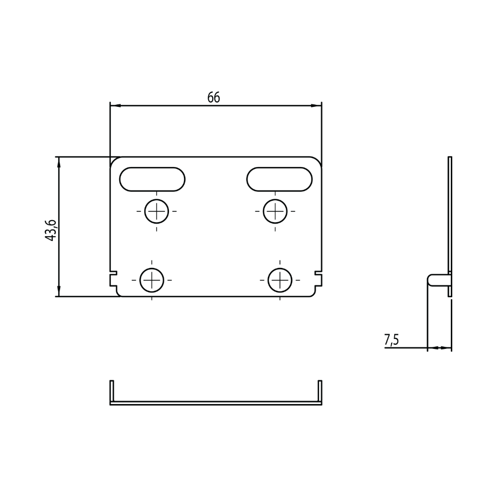 Maßzeichnung Alu Klick Pro Winkelverbinder mit Abmessungen 43,6 x 66 x 7,5 mm
